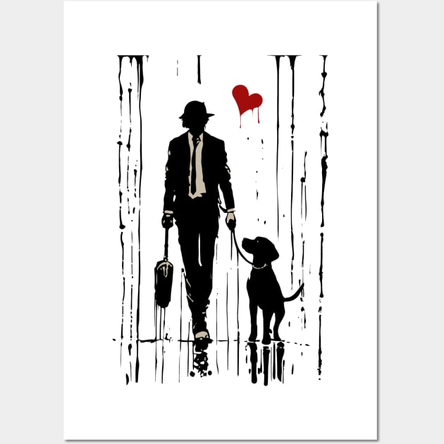 Ink Sketch Bond: Man, Dog, and a Rainy Heart Wall Art by SunGraphicsLab